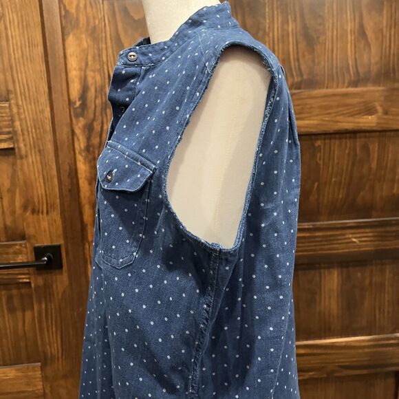 LRL Lauren Jeans Tunic Shirt Women S Sleeveless Polka Dot Denim Button Chambray - Picture 12 of 16